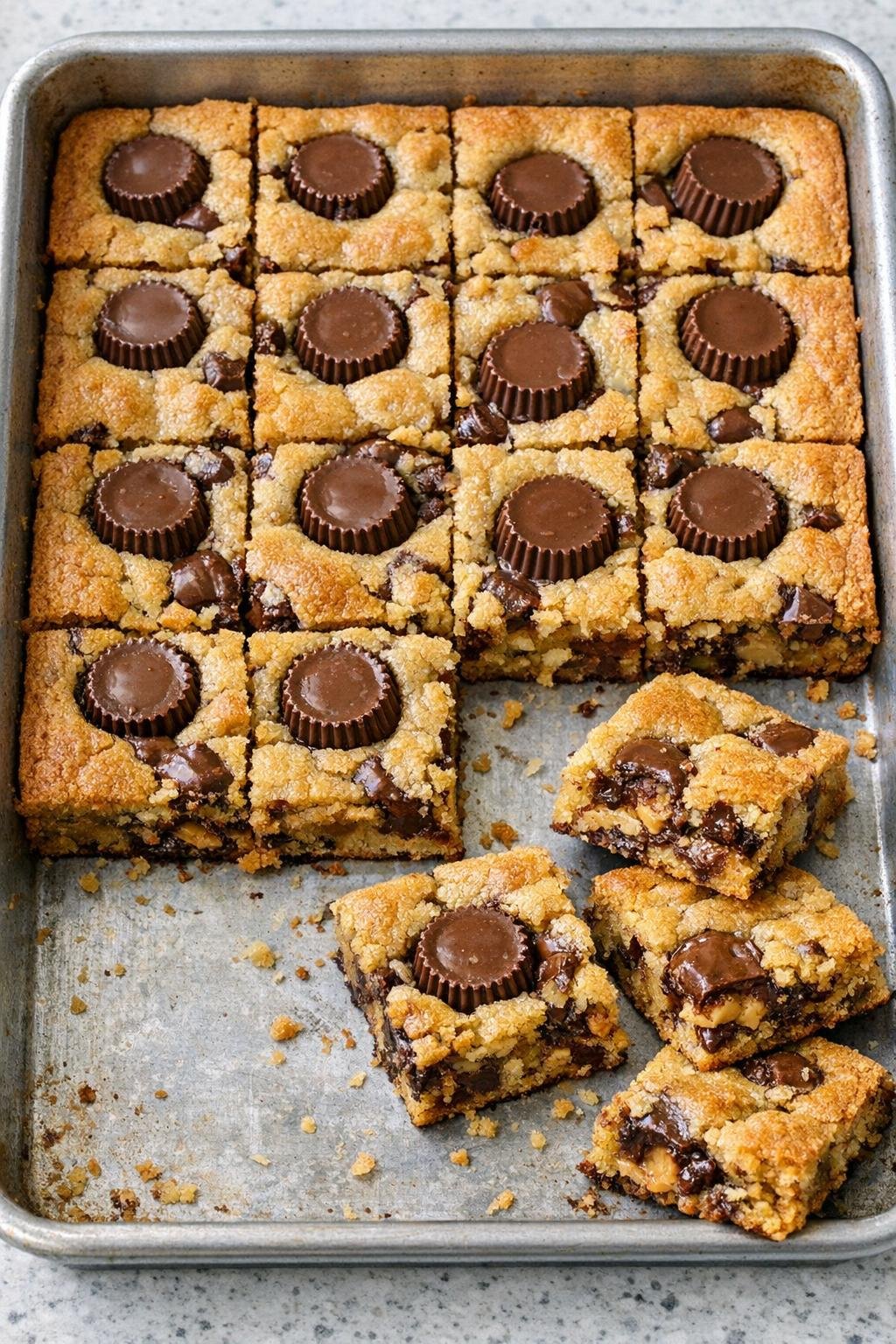 Finished peanut butter cup blondies in a metal sheet pan