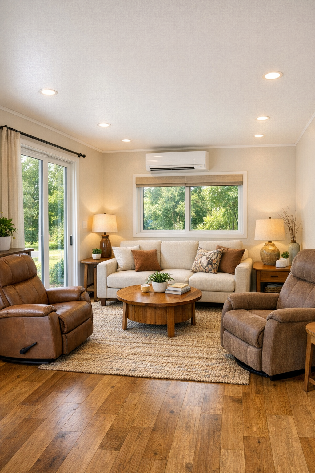 Warm accessible living room with oak floors, neutral seating, and chestnut accents