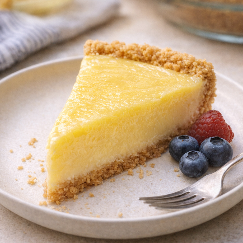 Slice of lemon icebox pie on a dessert plate