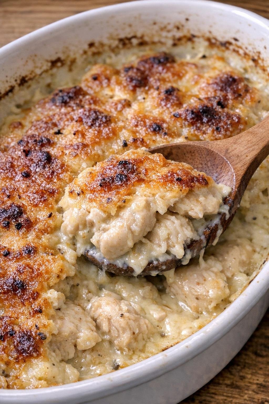 Golden brown chicken royale in a white casserole dish
