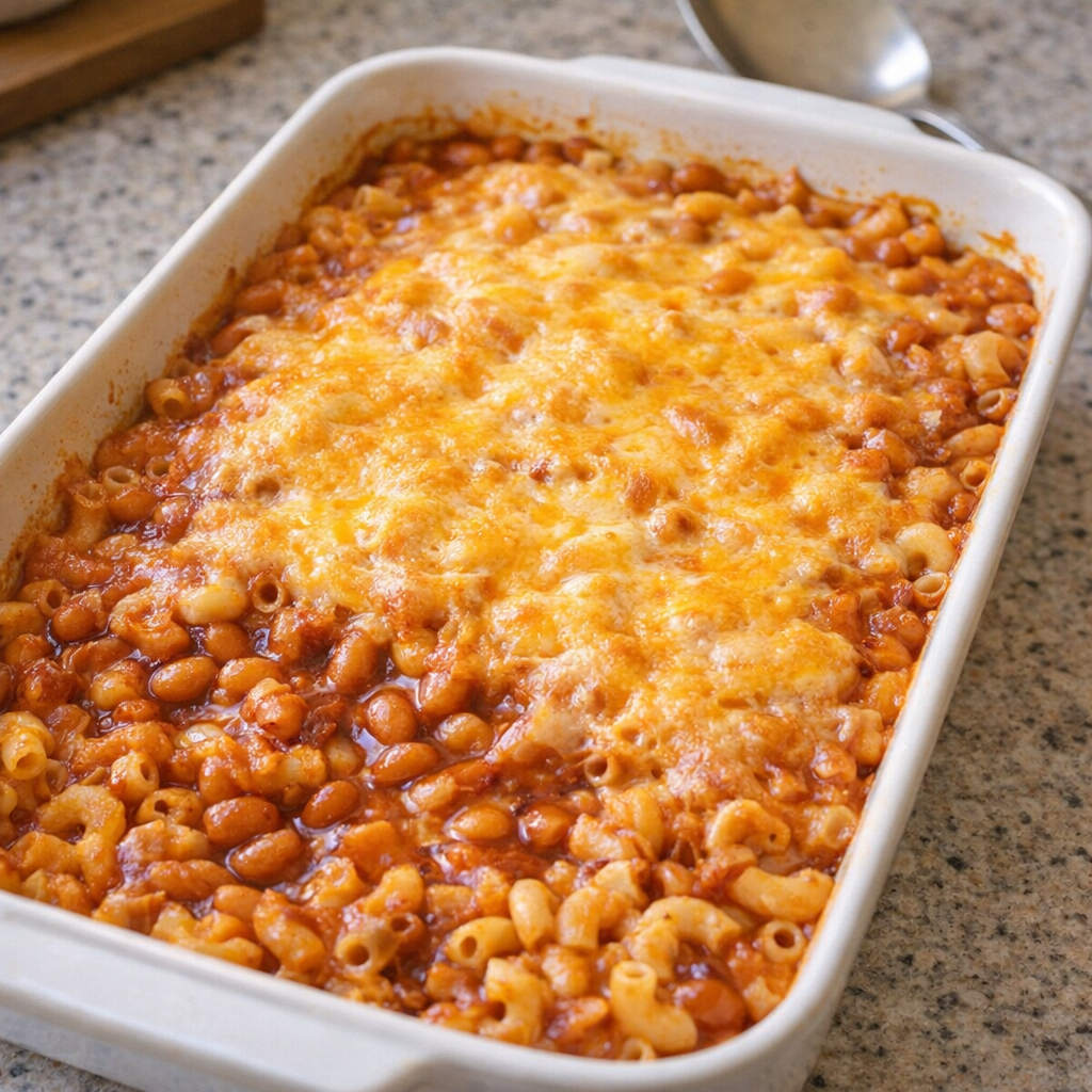 Bubbly baked cowboy macaroni in a casserole dish