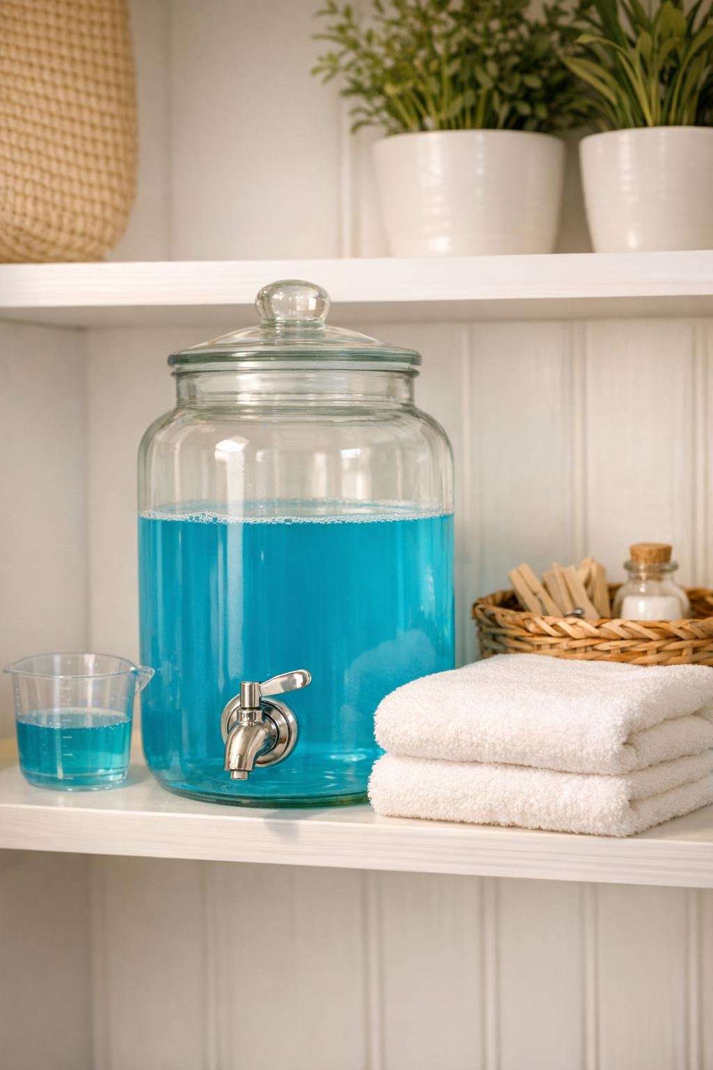 Finished DIY laundry room detergent dispenser made from a glass beverage jar filled with liquid soap