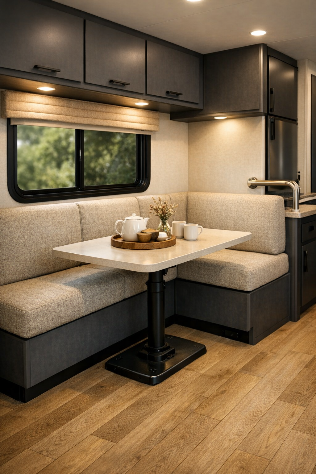 RV dining area with built-in banquette, pedestal table, and warm modern finishes