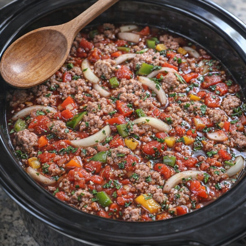 Slow cooker filled with sausage vegetables and tomato wine sauce before cooking