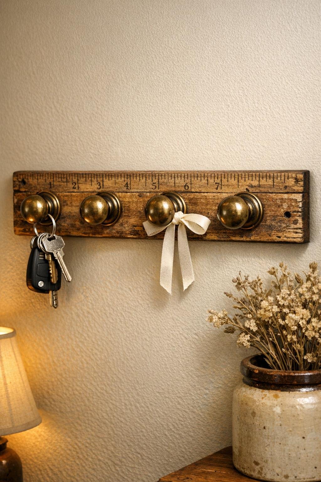 Finished hallway key hooks made from brass doorknobs on a weathered wooden ruler
