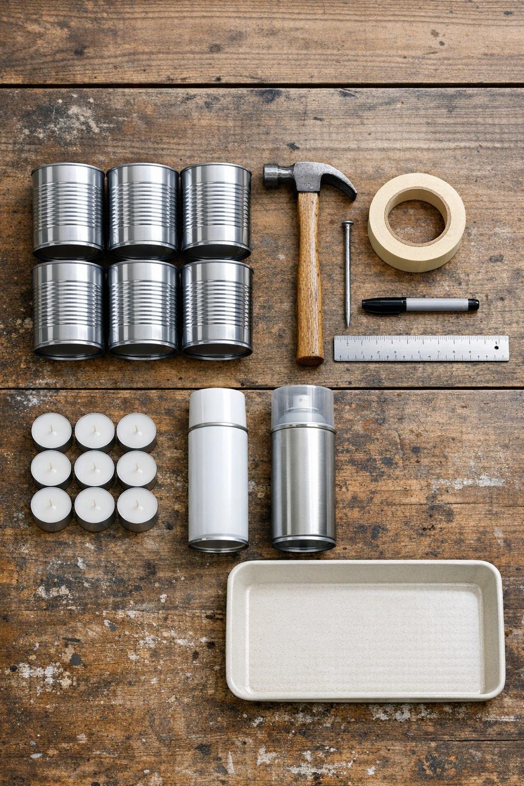 Materials for punched soup can candle sleeves laid out on a work surface