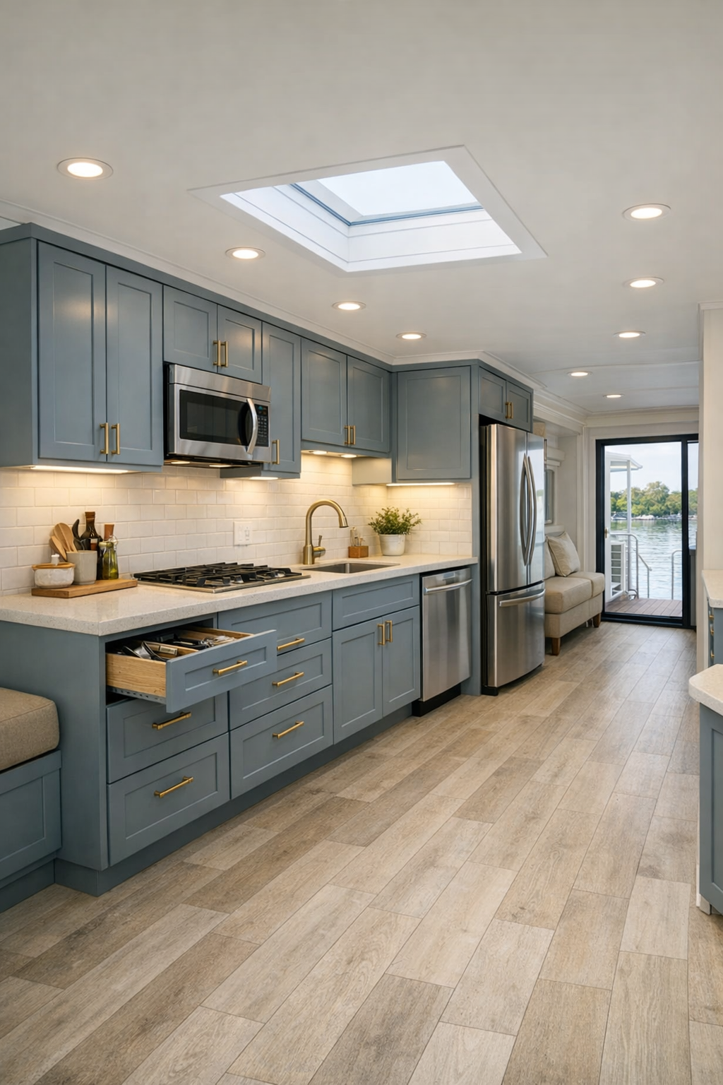 Blue-gray shaker kitchen with quartz counters, brass hardware, and bright task lighting