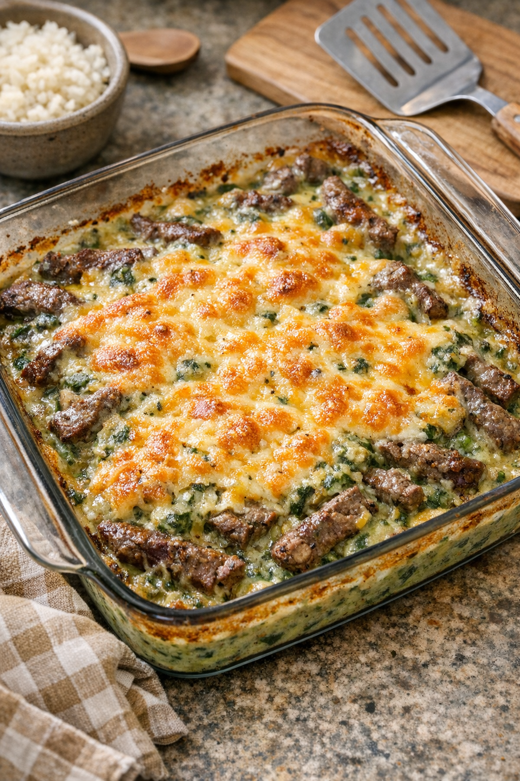 Finished baked beef and spinach casserole in a baking dish