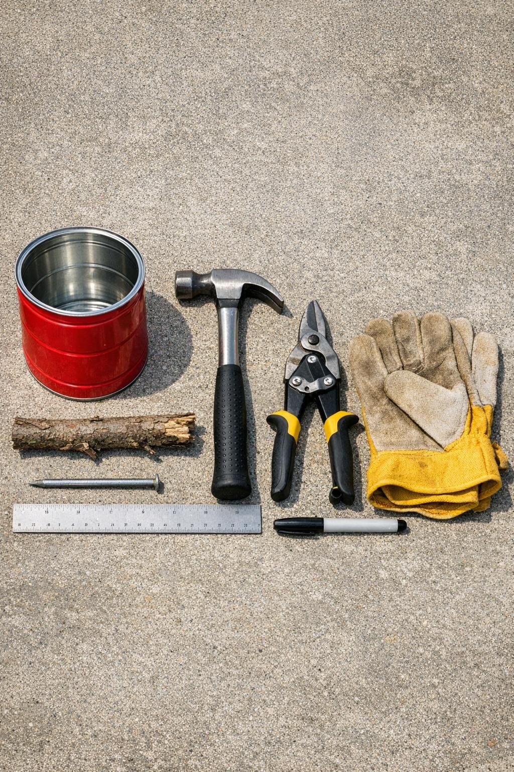 Materials for a bulb curing container laid out on concrete