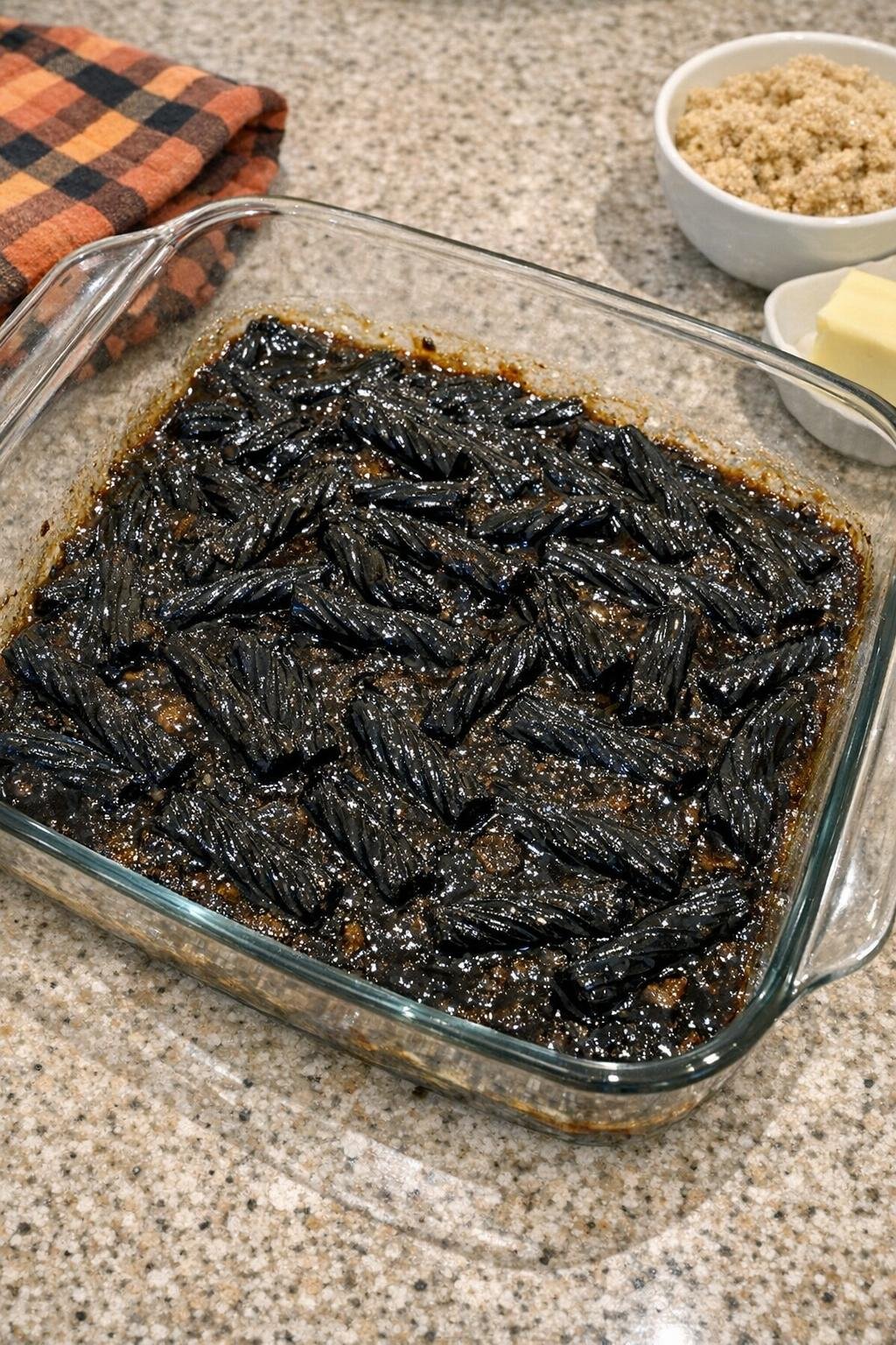 Finished baked black licorice dessert in a glass baking dish