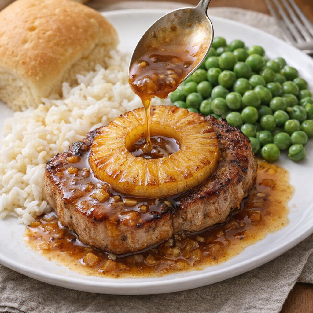 Family-style plated pork chop dinner with rice and peas