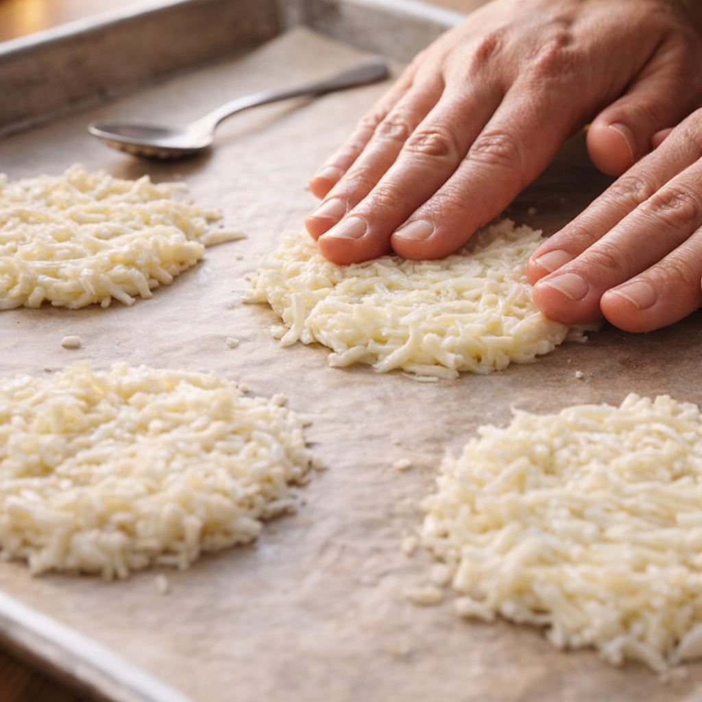 Cheese rounds being shaped on parchment-lined baking sheet
