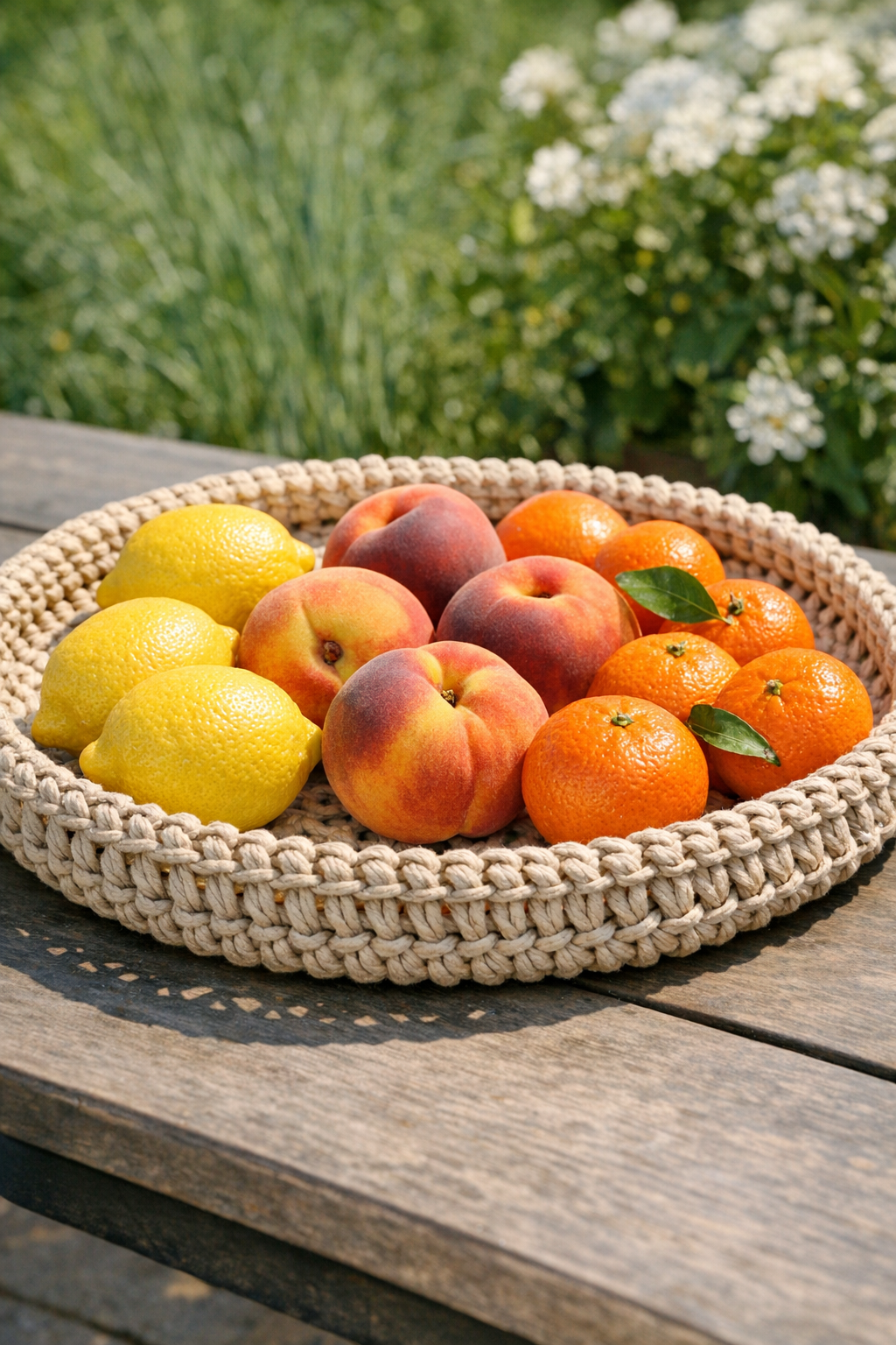 Finished crocheted summer fruit tray made from a steering wheel cover
