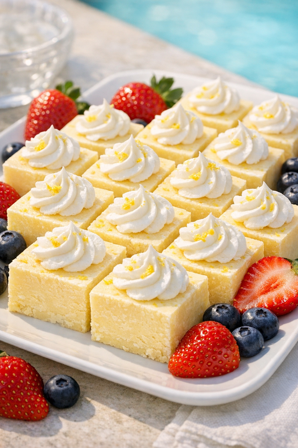 Plated whipped lemonade fudge squares with berries