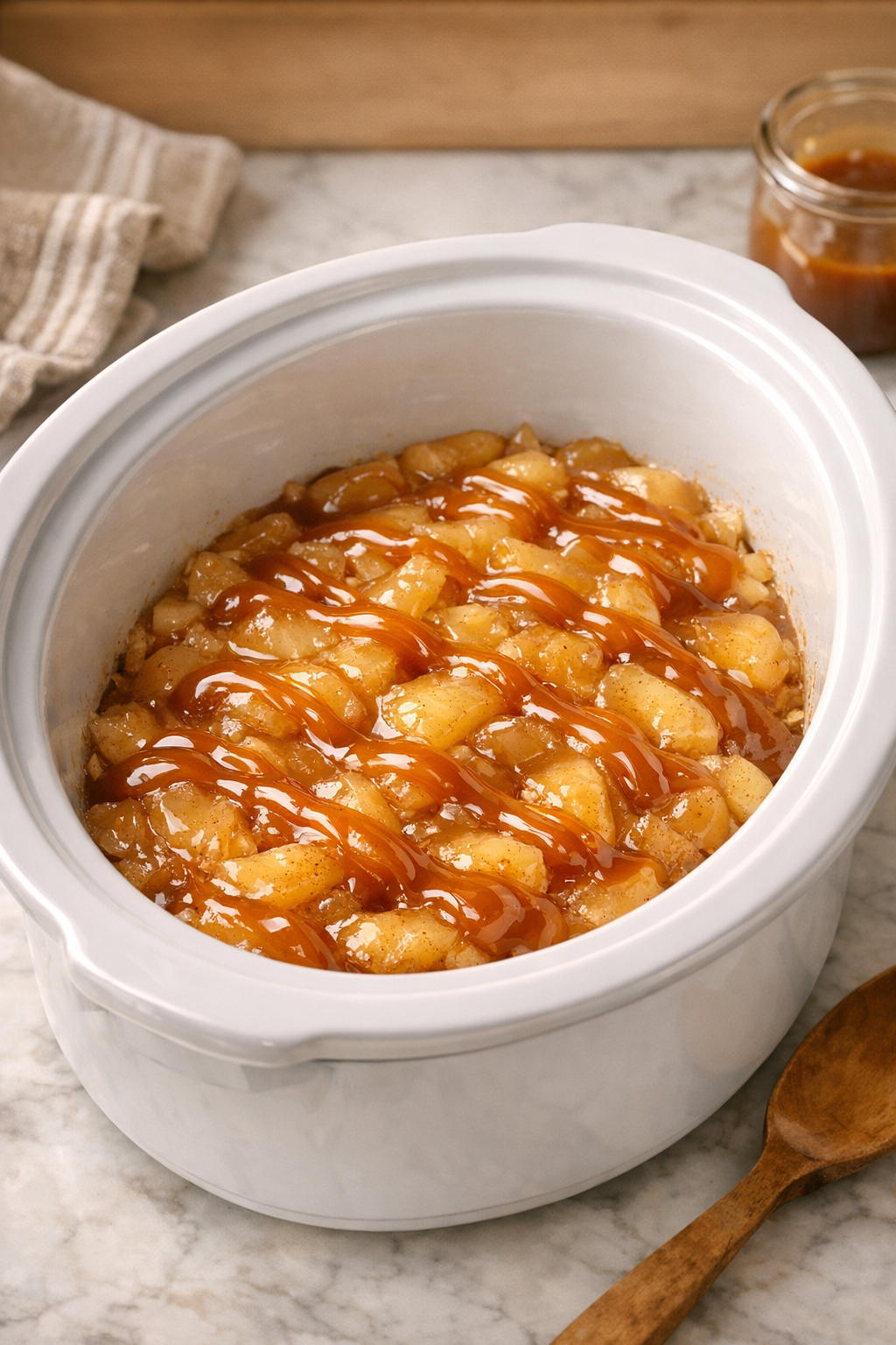 Apple pie filling spread in a slow cooker with caramel drizzled on top