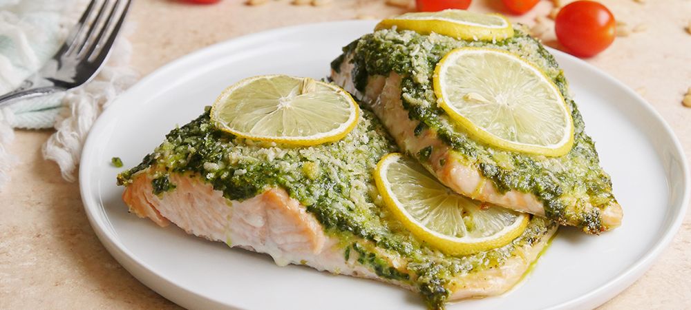 Baked Salmon Covered With The Best Pesto Sauce You've Ever Had Recipe and Video
