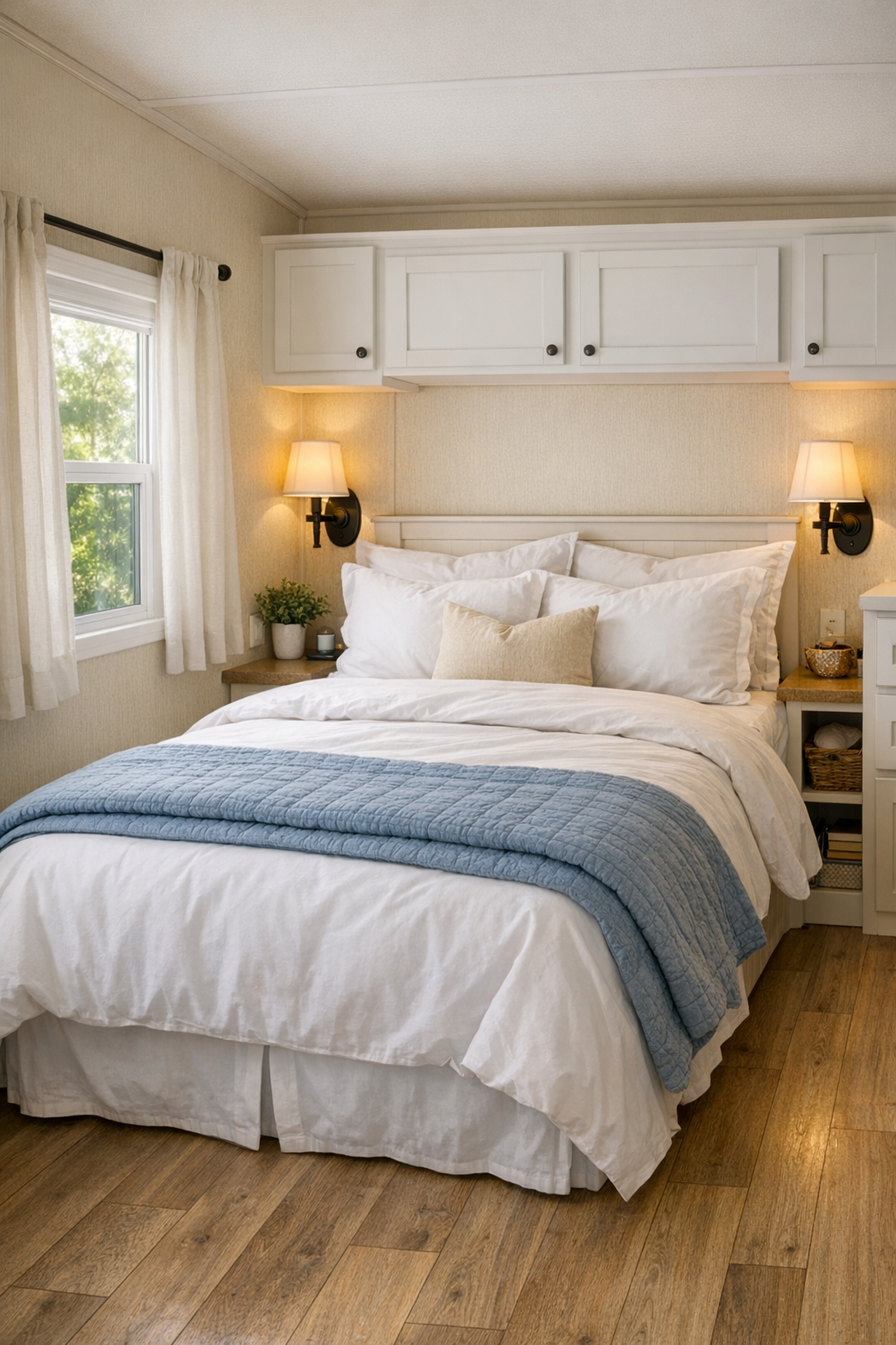 Soft cottage bedroom with white bedding and blue accents