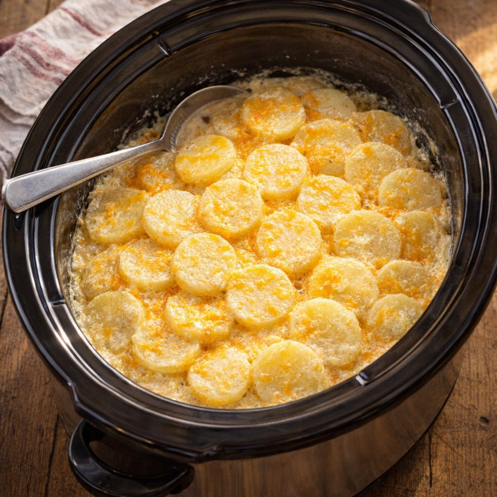 Slow cooker buggy wheel potatoes served family-style