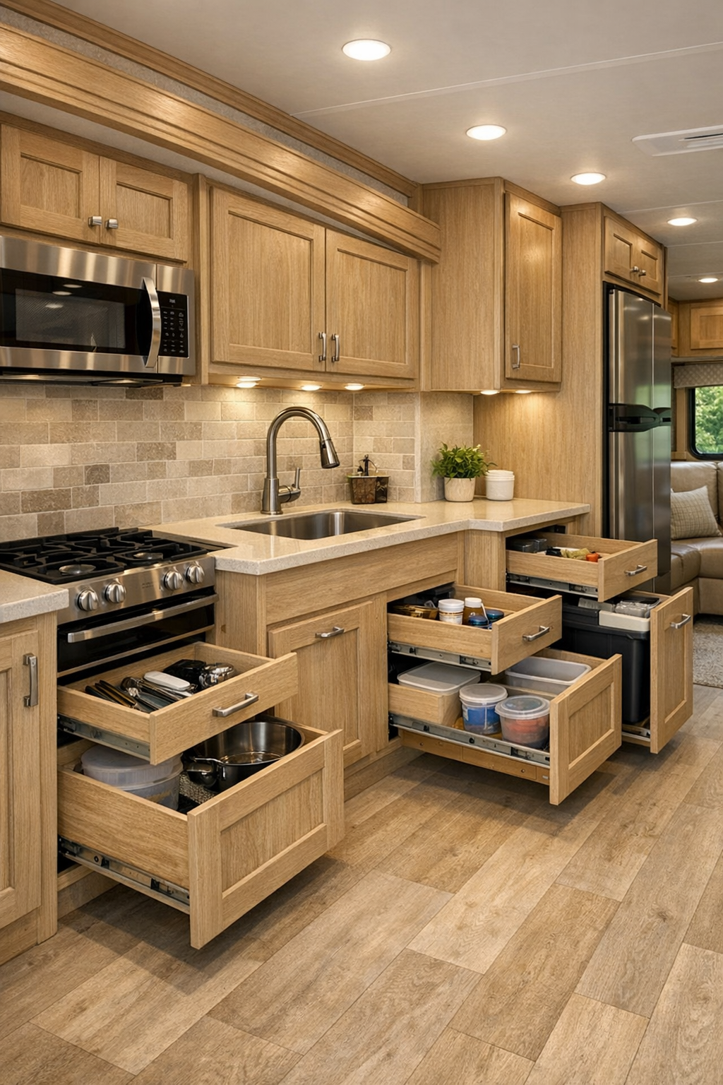 Accessible RV camper kitchen with light oak cabinetry, cream counters, and under-cabinet lighting