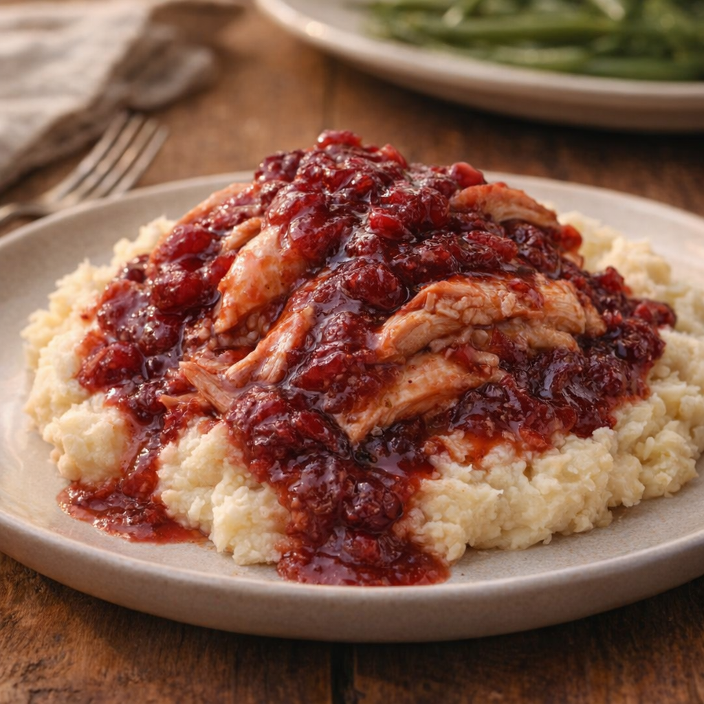 Cranberry chicken served over mashed potatoes on a homey dinner plate