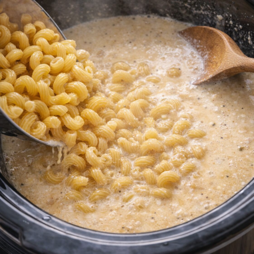Dry pasta added to creamy slow cooker base
