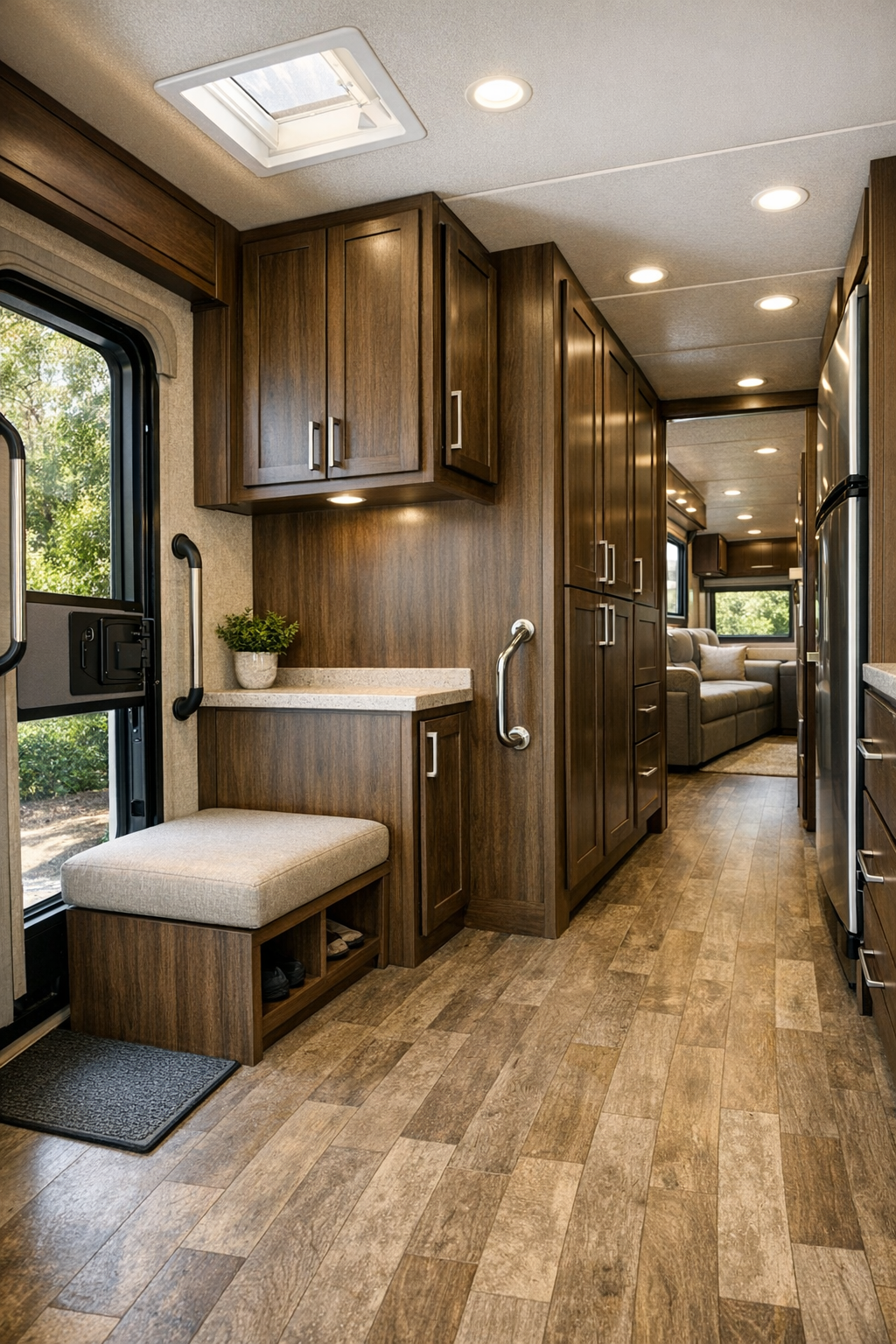 RV entry and circulation area with walnut storage, durable flooring, and accessible layout