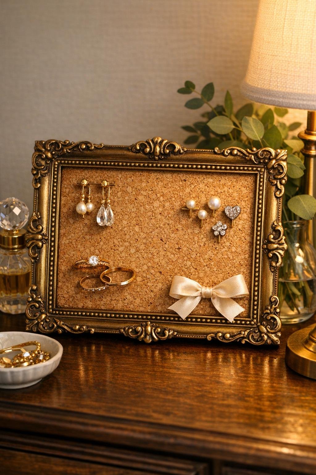 Finished brass frame and cork bedroom tray organizer on a dresser