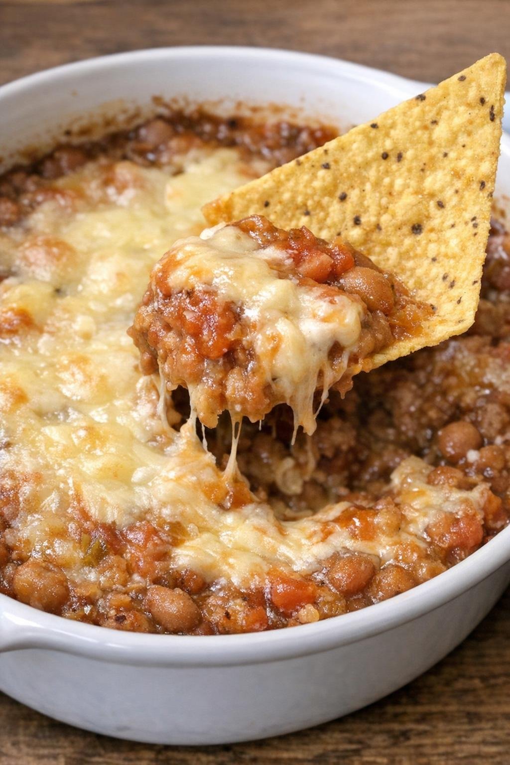 Close-up of bean bingham dip in a white casserole dish with a tortilla chip scooping a warm portion