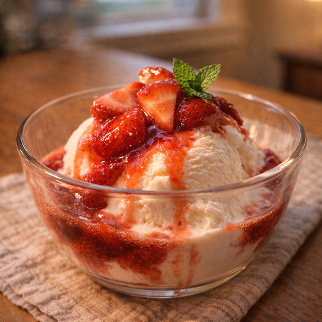 Strawberry sweet served over vanilla ice cream