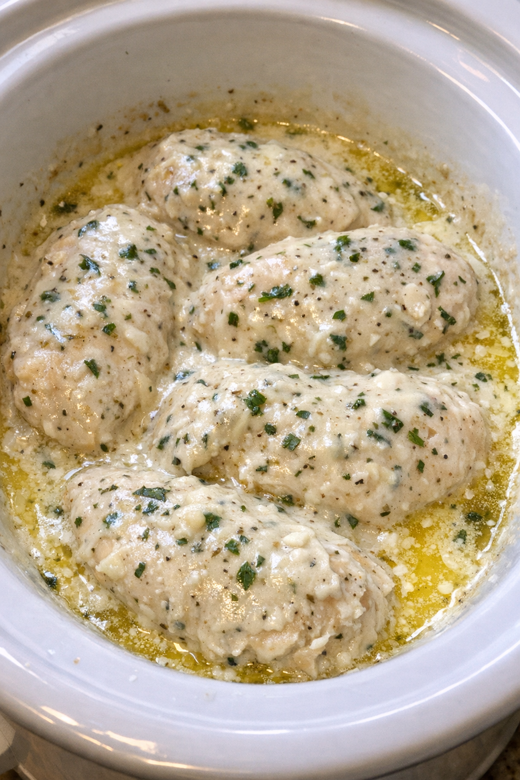 Finished creamy herb chicken in a white slow cooker