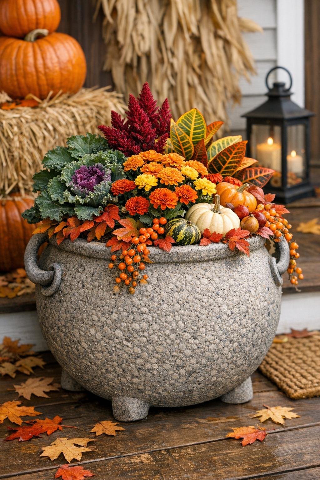 Finished concrete harvest planter made from a cauldron and planted for fall