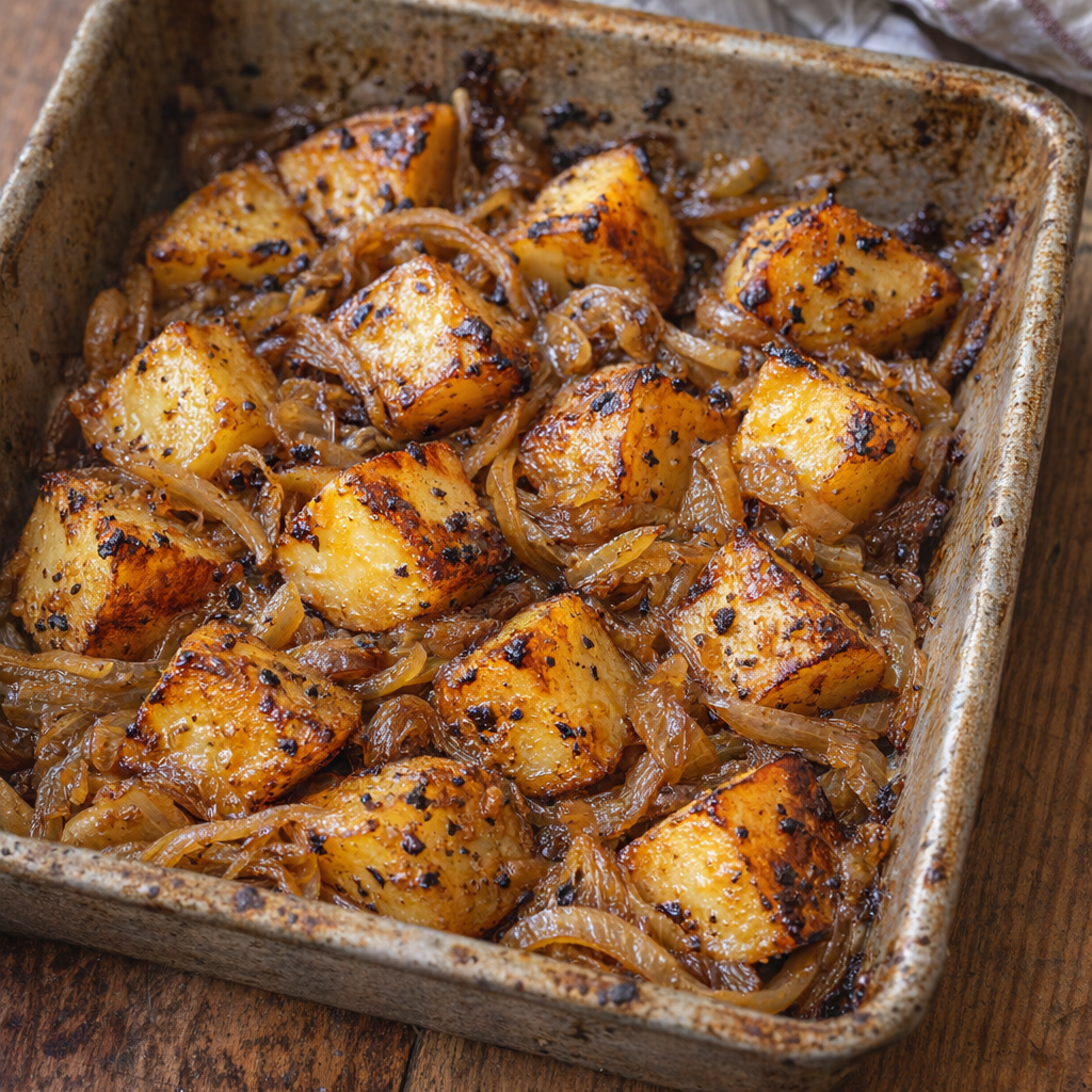 Roasted potatoes and onions fresh from the oven in a metal baking pan