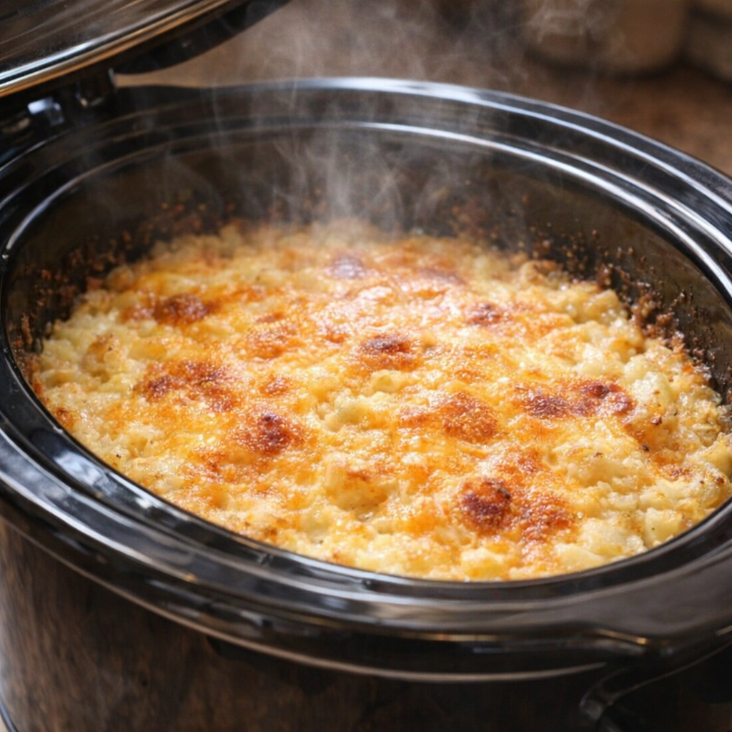 Potato gratin bubbling in the slow cooker