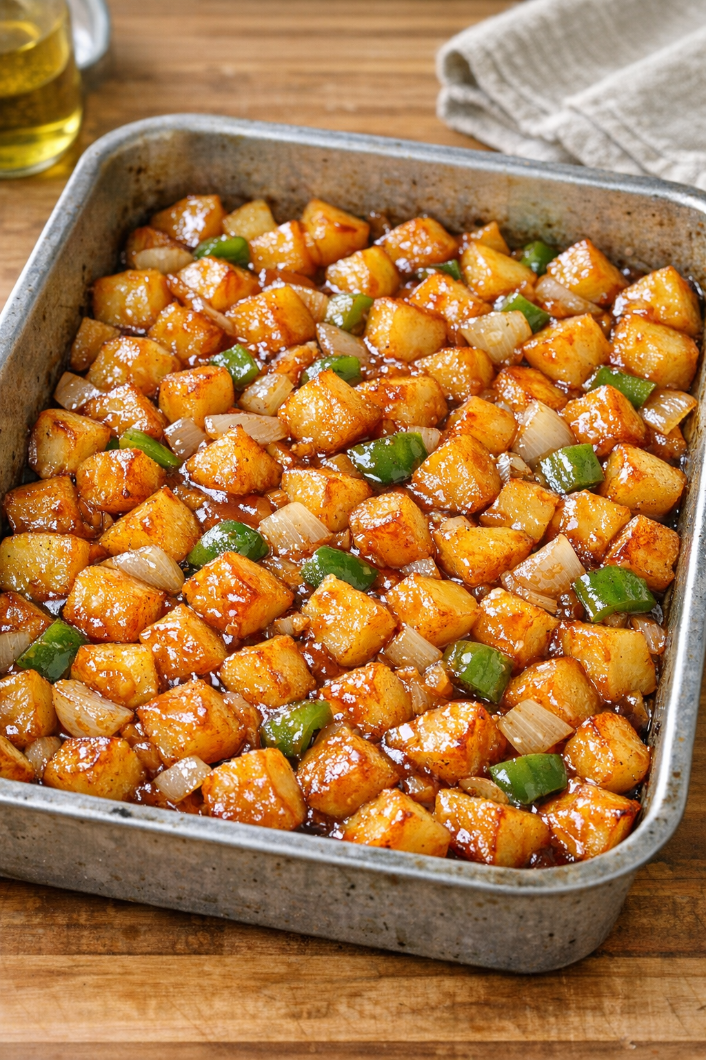 Finished sweet and sour roasted potatoes in a baking dish
