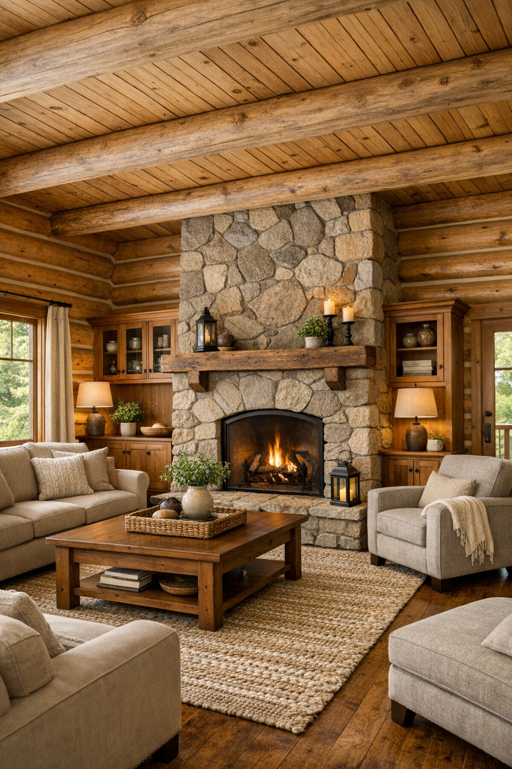 Warm log living room with a stone fireplace and Amish-crafted wood furniture