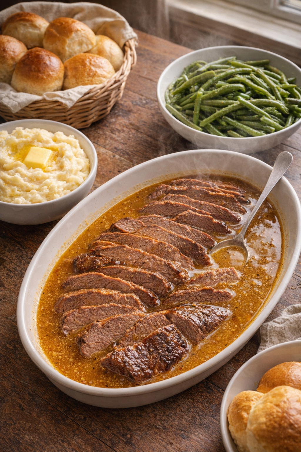 Slow cooker roast dinner on a farmhouse table