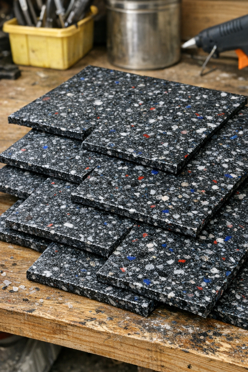 Finished heavy-duty utility shingles made from baked plastic food containers