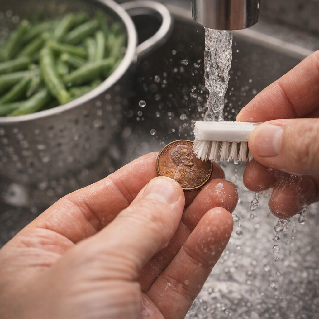 Copper penny being scrubbed clean at a sink