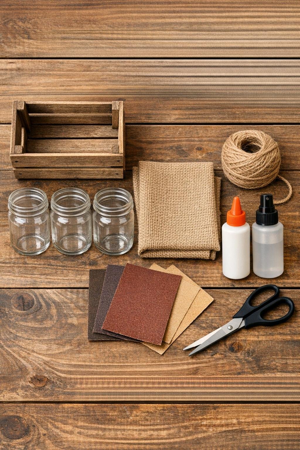 Materials for a mason jar utensil caddy laid out on a table