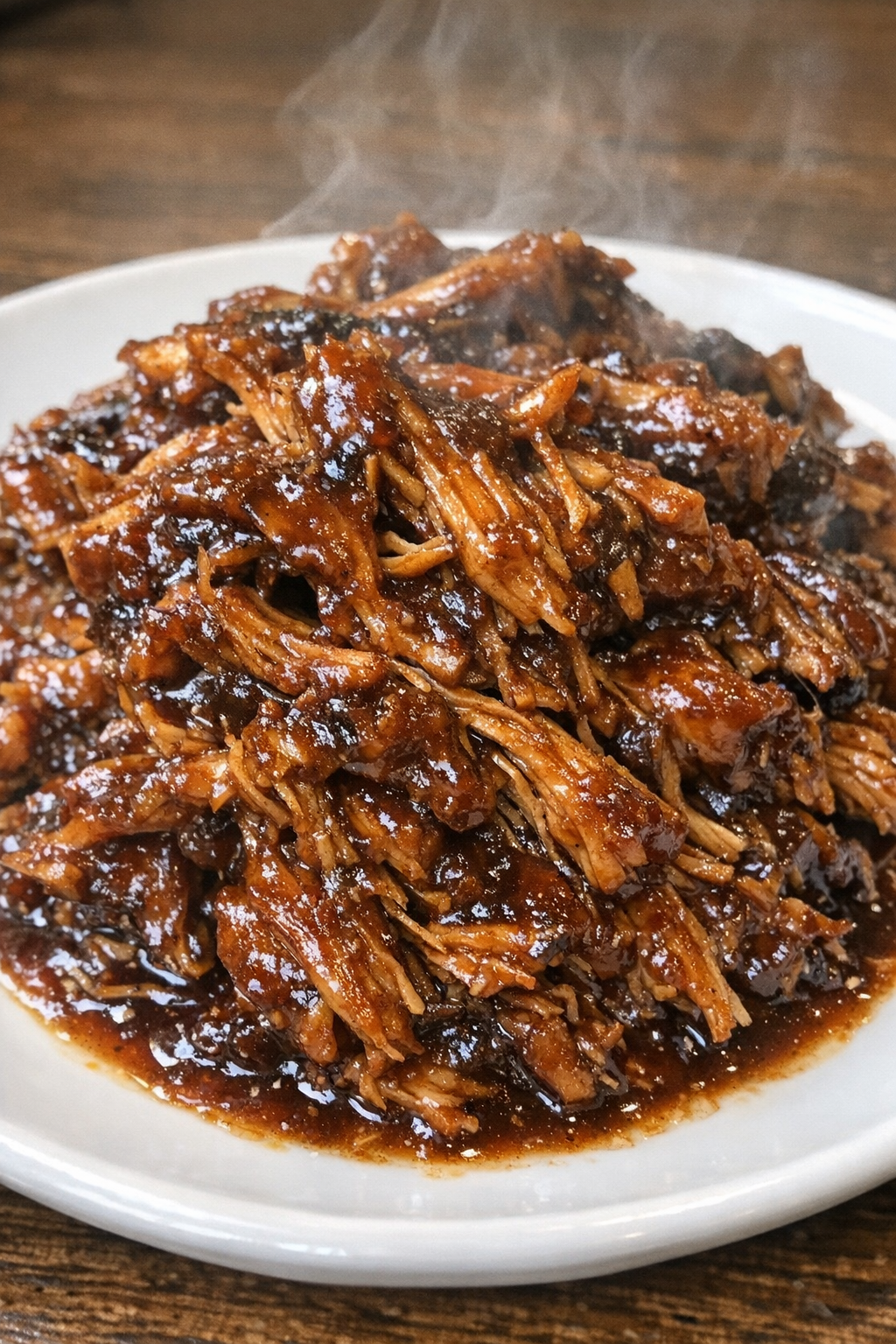 Slow cooker root beer chicken plated on a white ceramic plate