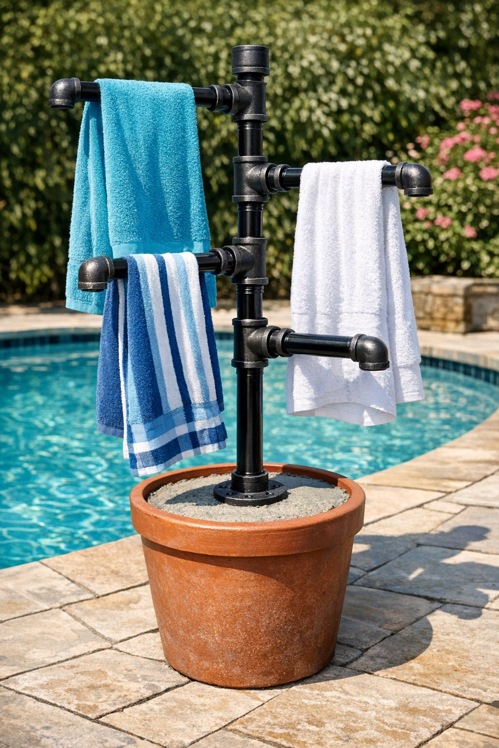 Finished outdoor towel tree made from black iron pipe in a concrete-filled terracotta pot