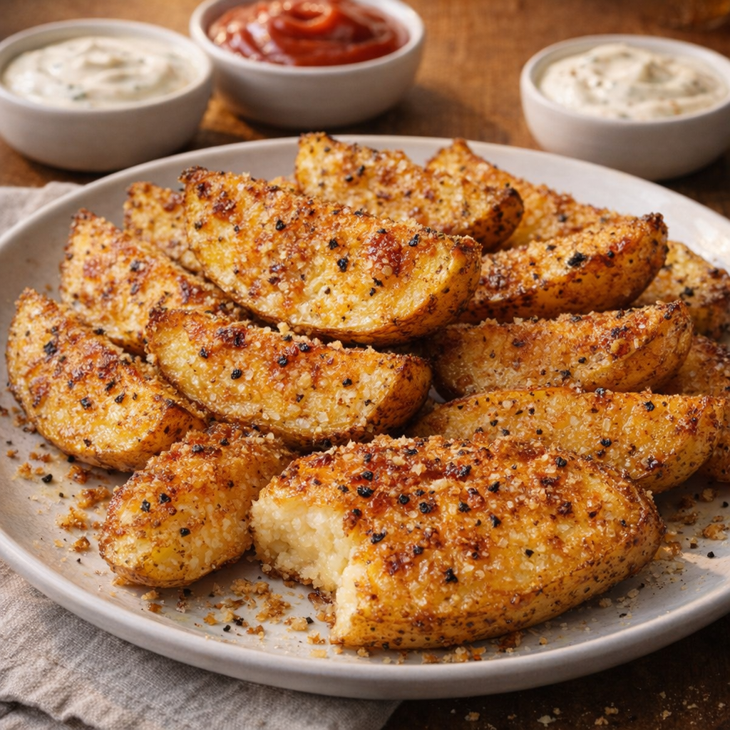 Parmesan potato wedges served with dipping sauces for families