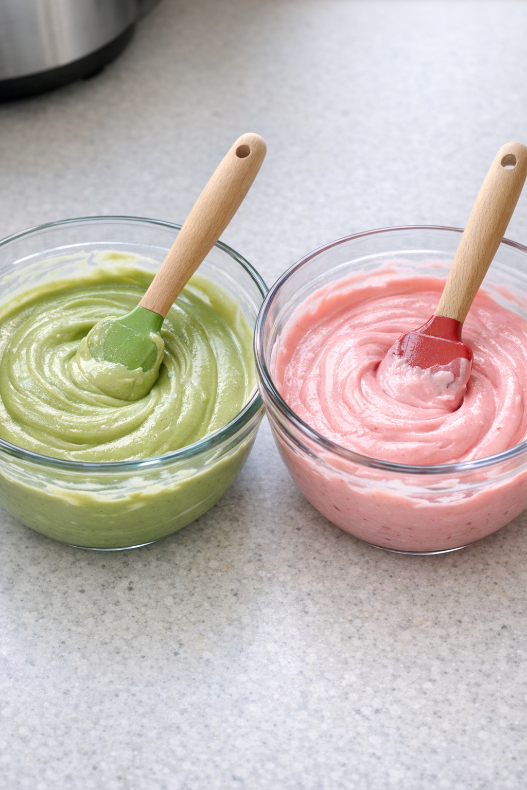 Two bowls of matcha and strawberry fudge mixture