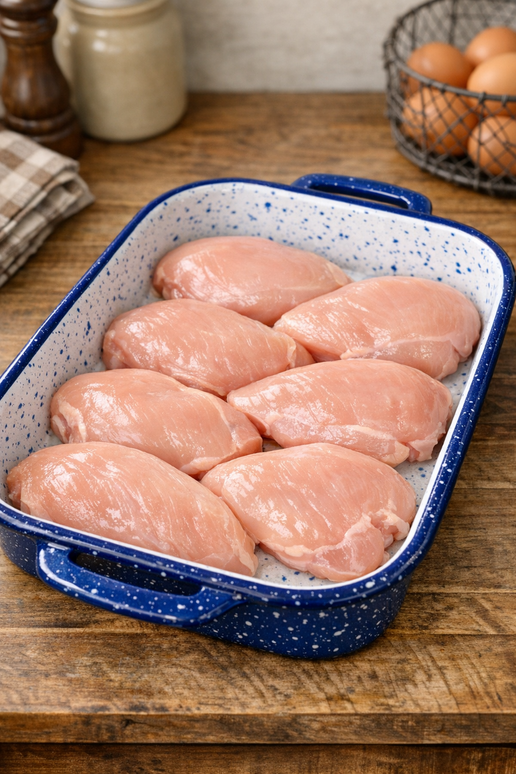 Chicken breasts arranged in casserole dish