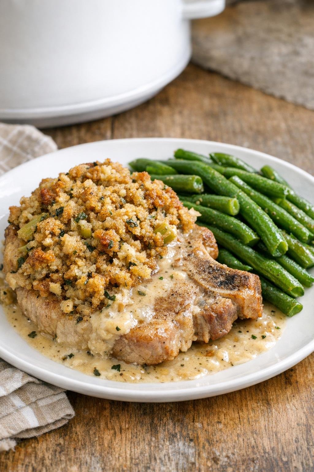 Finished pork chops with stuffing on a dinner plate