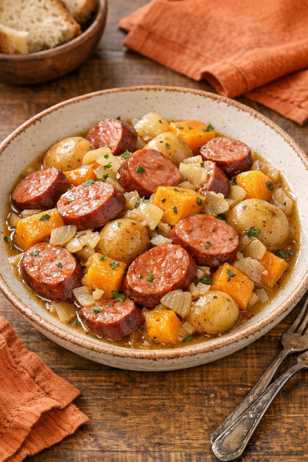 Finished kielbasa harvest supper plated in a rustic bowl