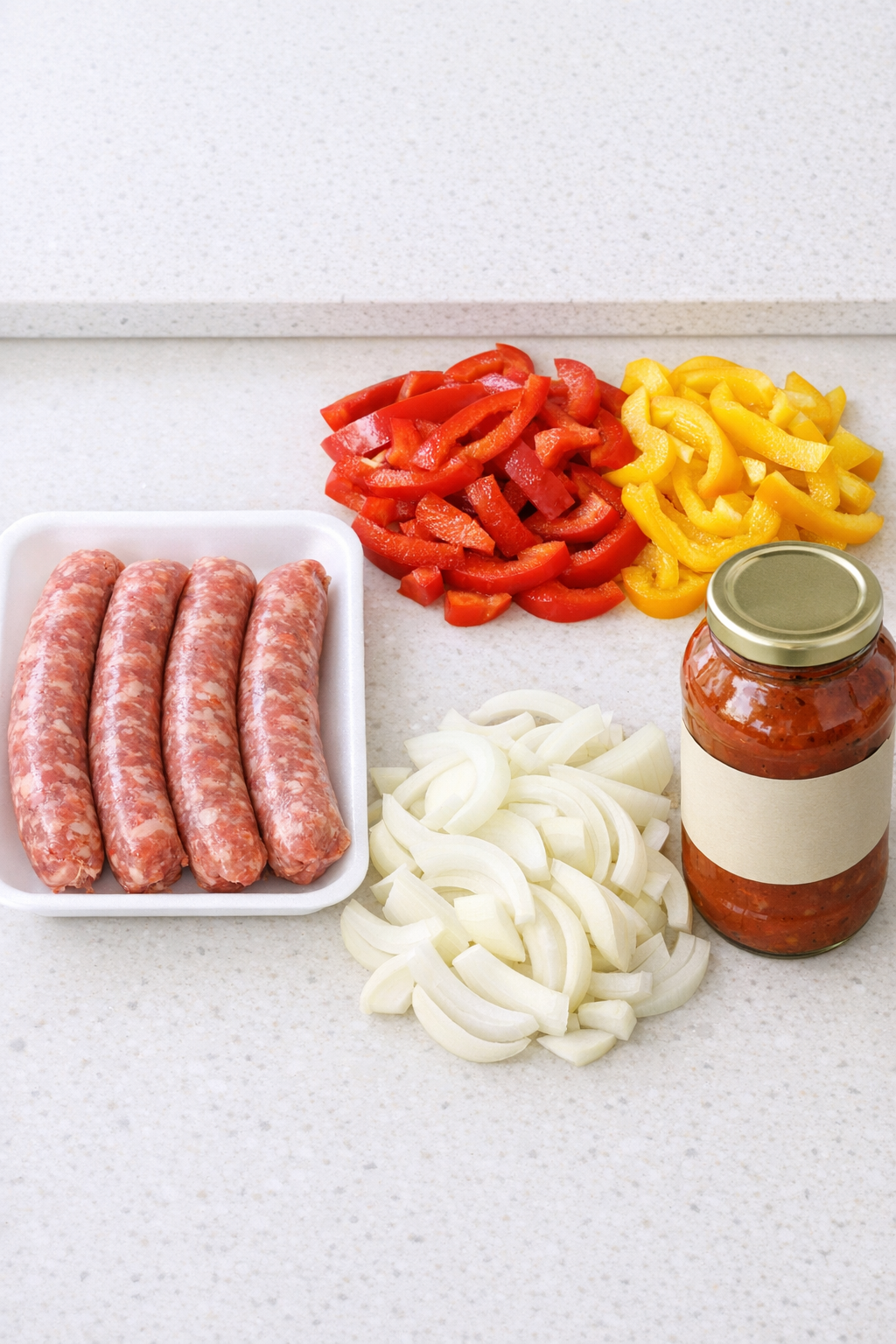 Sausage, peppers, onion, and pasta sauce ingredients