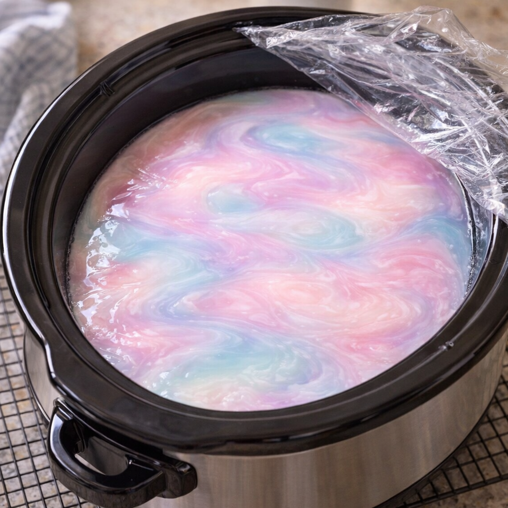 Chilled pastel dessert in the slow cooker ready to serve