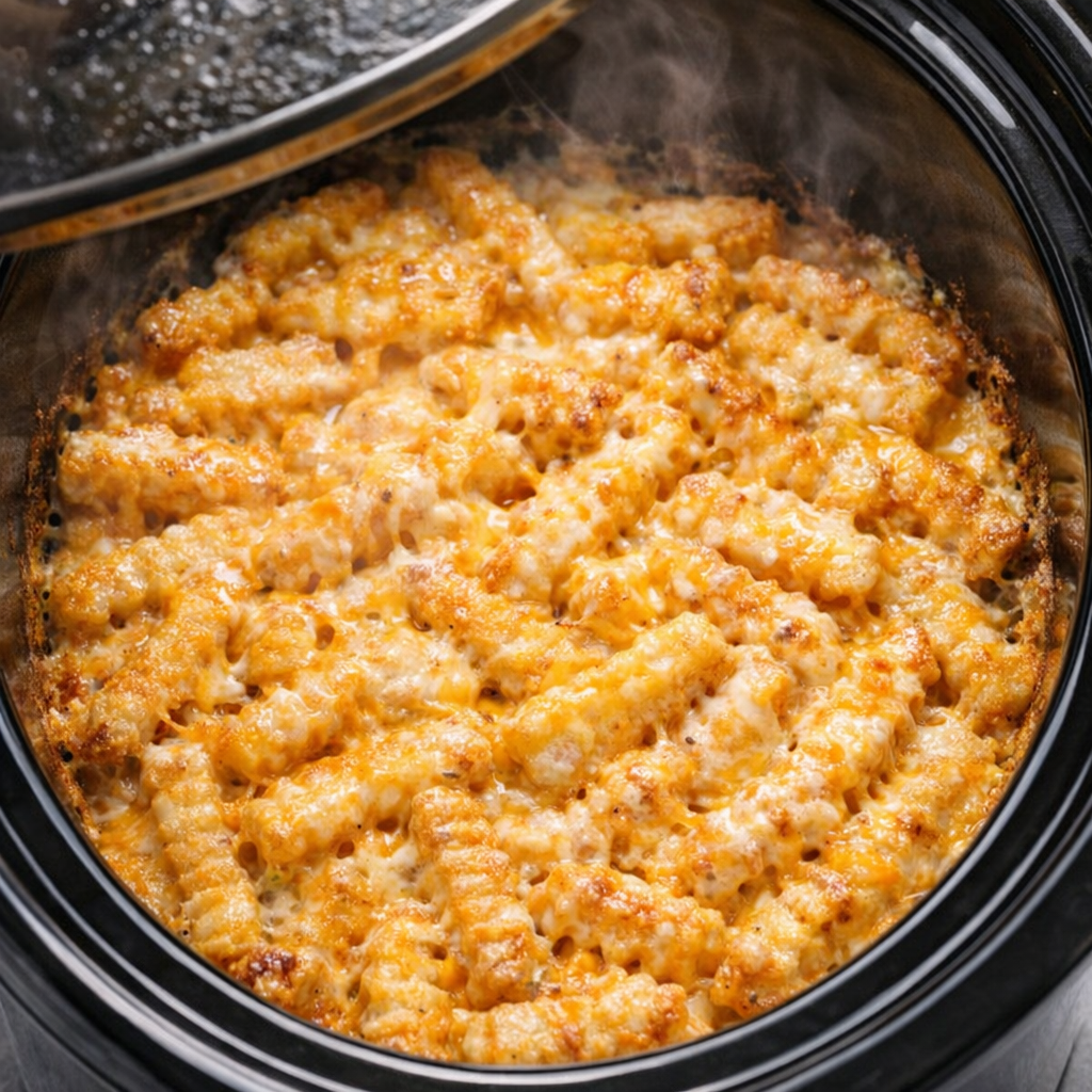 Cooked cheesy fries bubbling in slow cooker