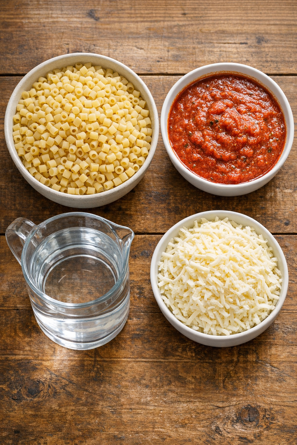 Tubetti pasta, marinara, water, and mozzarella